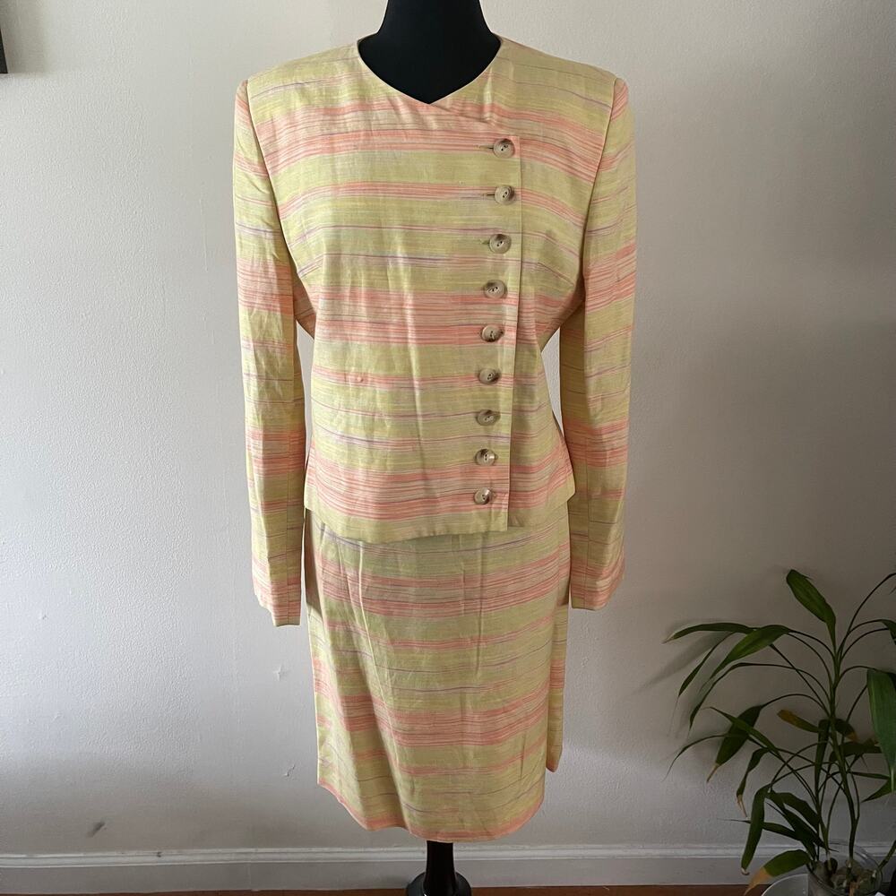 Vintage Harvé Benard Linen Blend Skirt Suit Pastel Stripe Blazer 14 Easter
